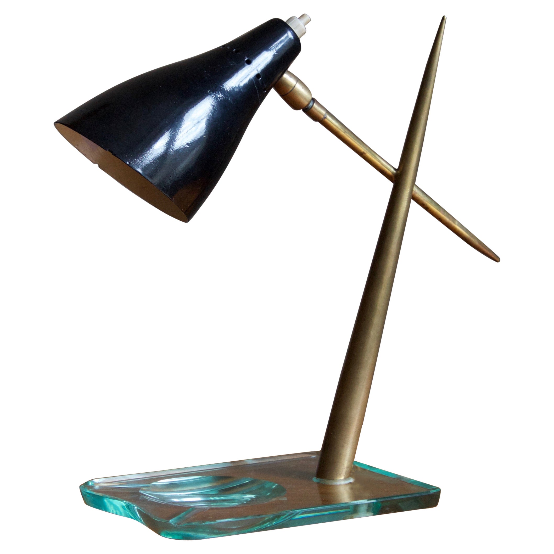 Italian, Adjustable Table Lamp, Brass, Lacquered Metal, & Glass, Italy, 1950s