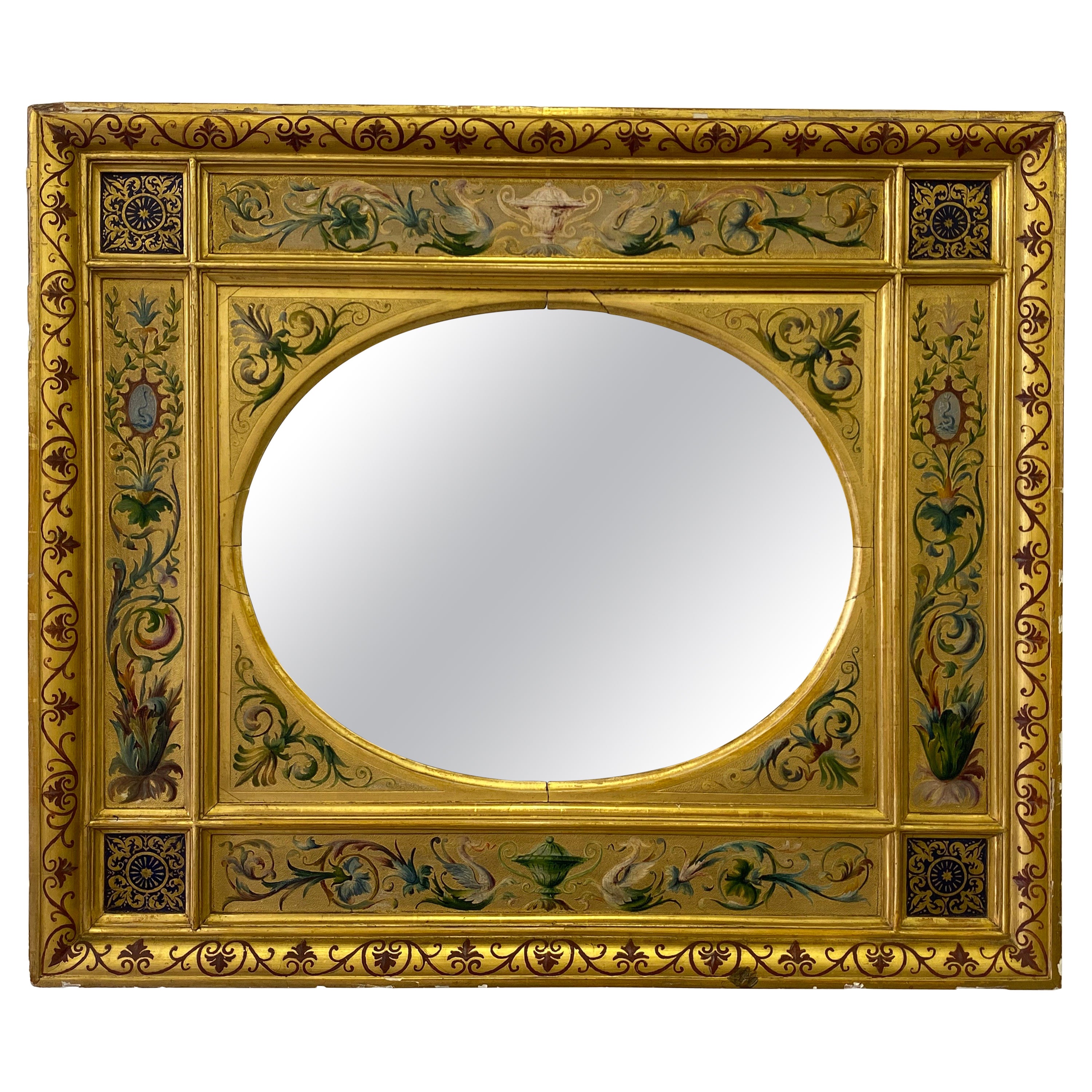 19th Century Gilt Italian Mirror with Hand Painted Design For Sale