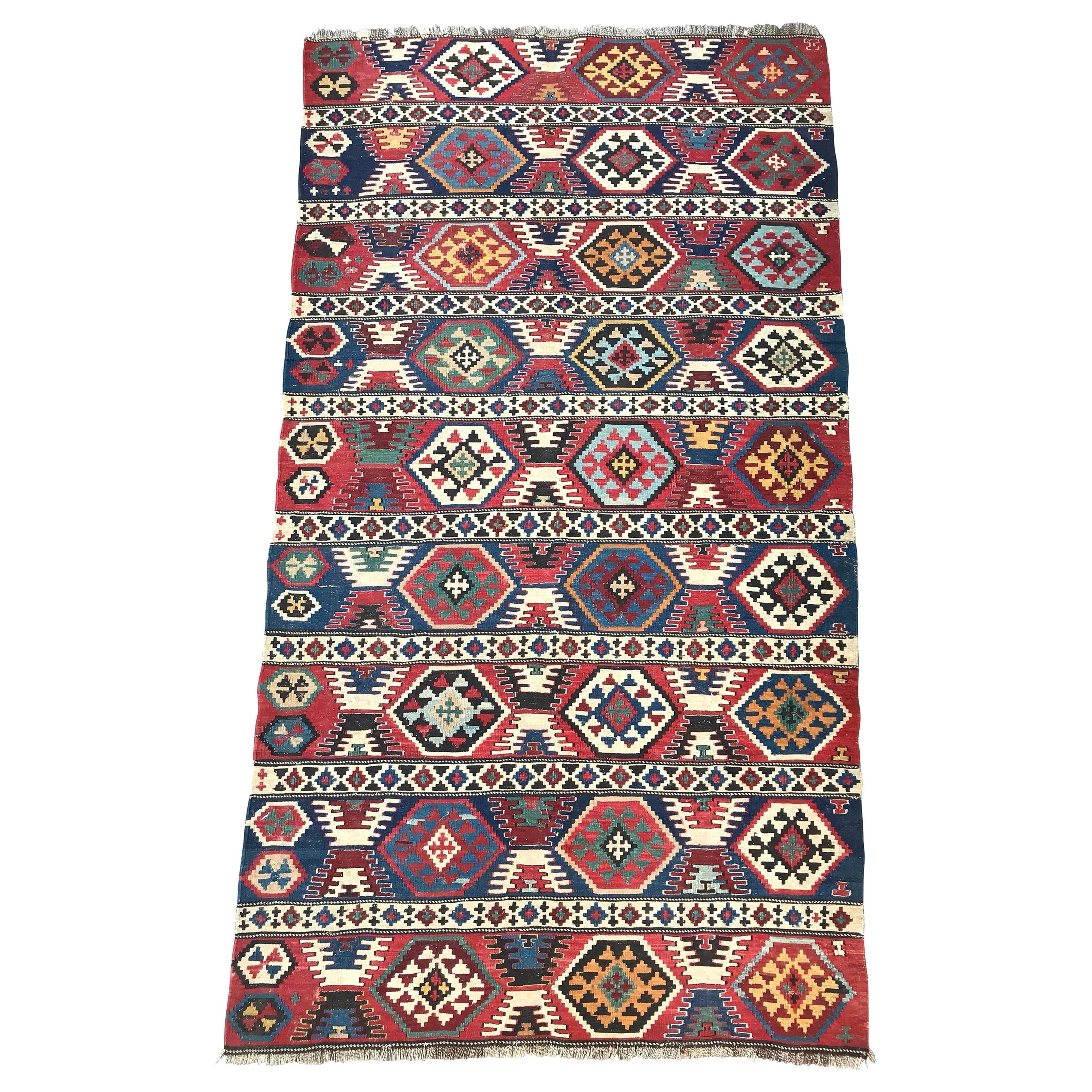 Bobyrug's Antique Caucasian 19th Century Flat Rug Kilim (tapis plat ancien du Caucase du XIXe siècle) en vente