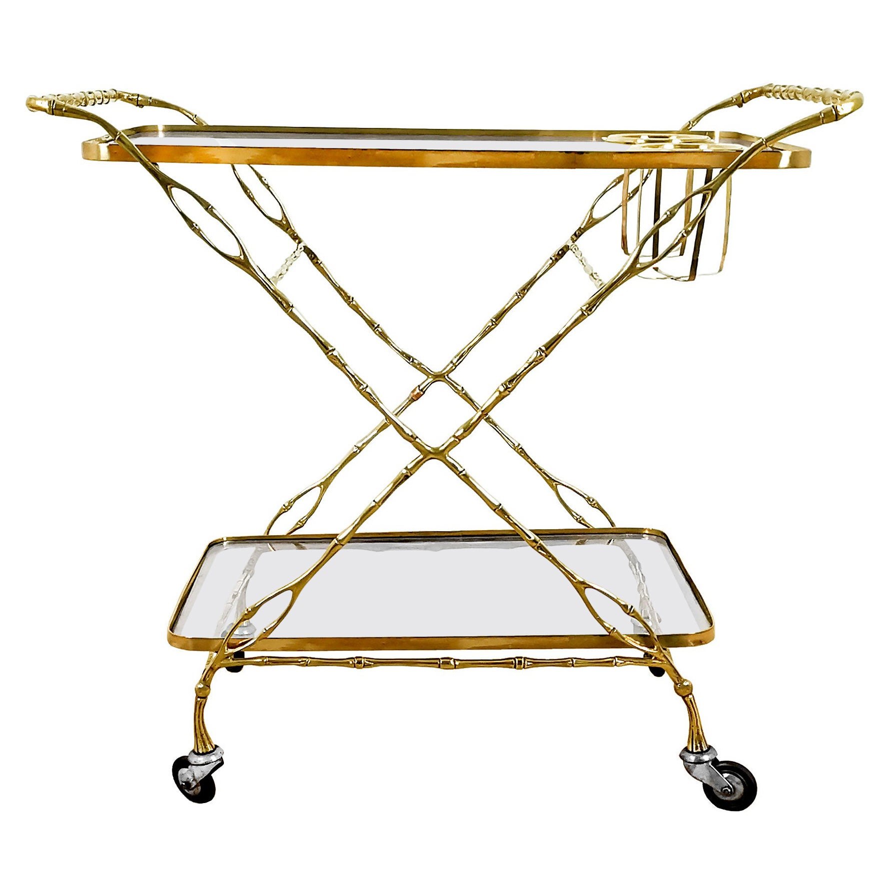 Mid-Century Modern Bar Cart, Two Levels, Solid Brass and Glass - Barcelona For Sale