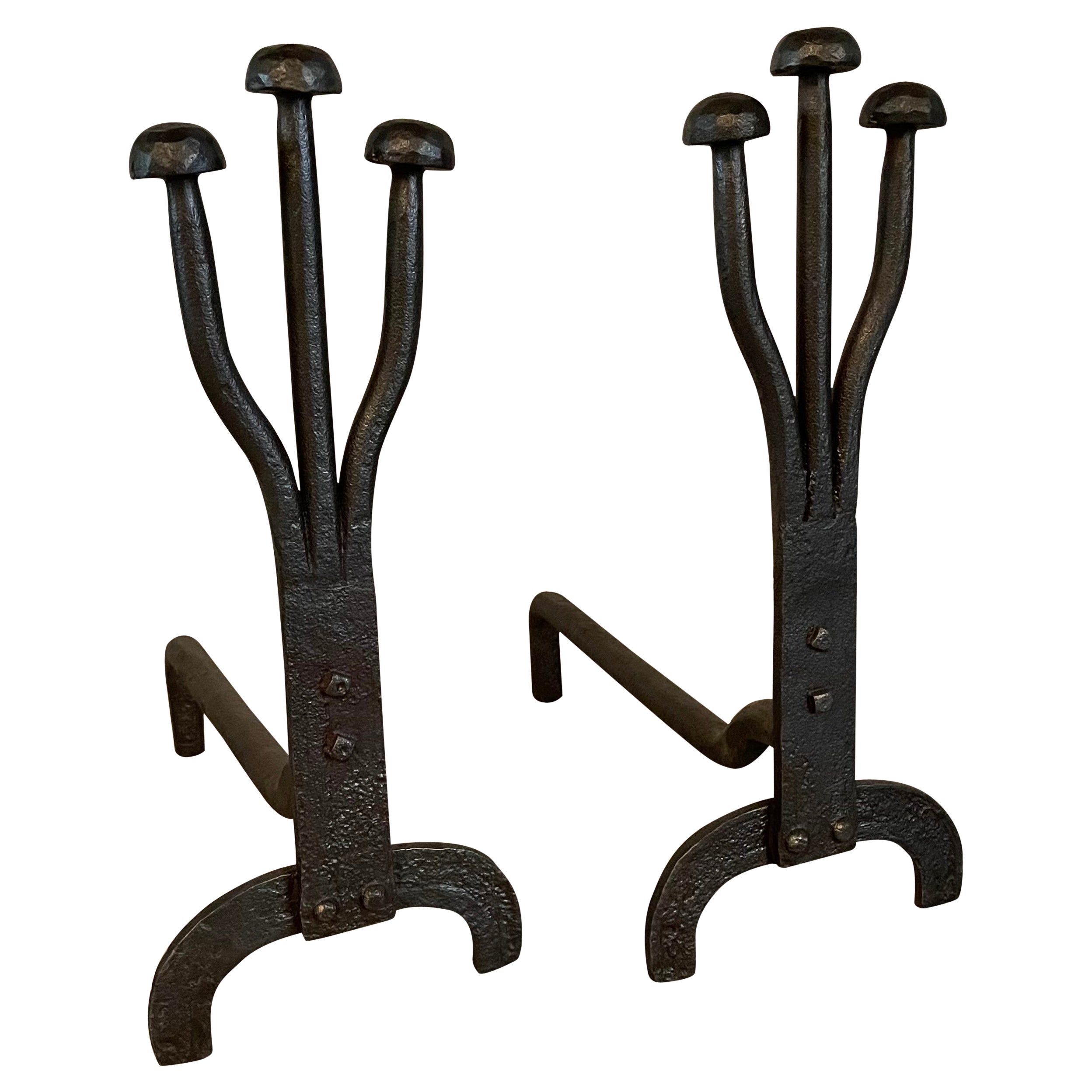 Art Deco Craftsman Hand-Forged Andirons For Sale