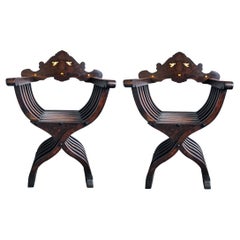 Antique Fine Quality Pair of Florentine Walnut and Bone Inlaid Savonarola X-Form Chairs