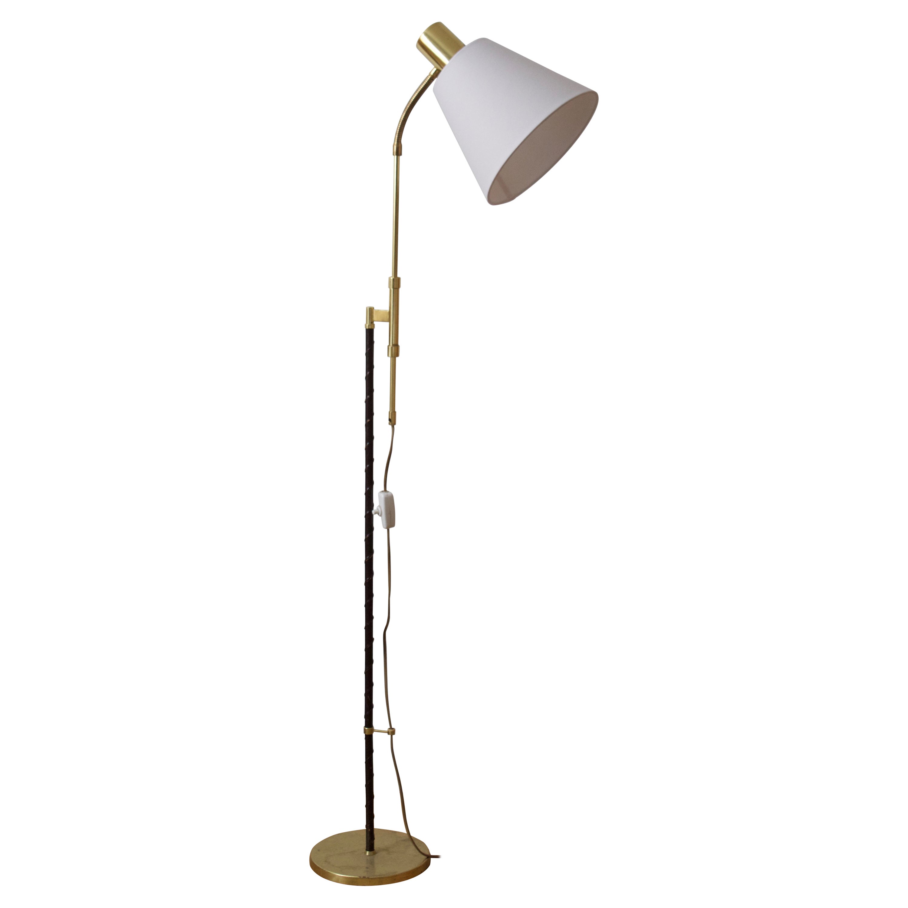 Falkenberg Belysning, Adjustable Floor Lamp, Brass, Leather, Fabric, 1950s