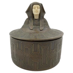 Egyptian Revival Bronze Round Pharaoh Case w/ Carved Bone Face, Circa 1920