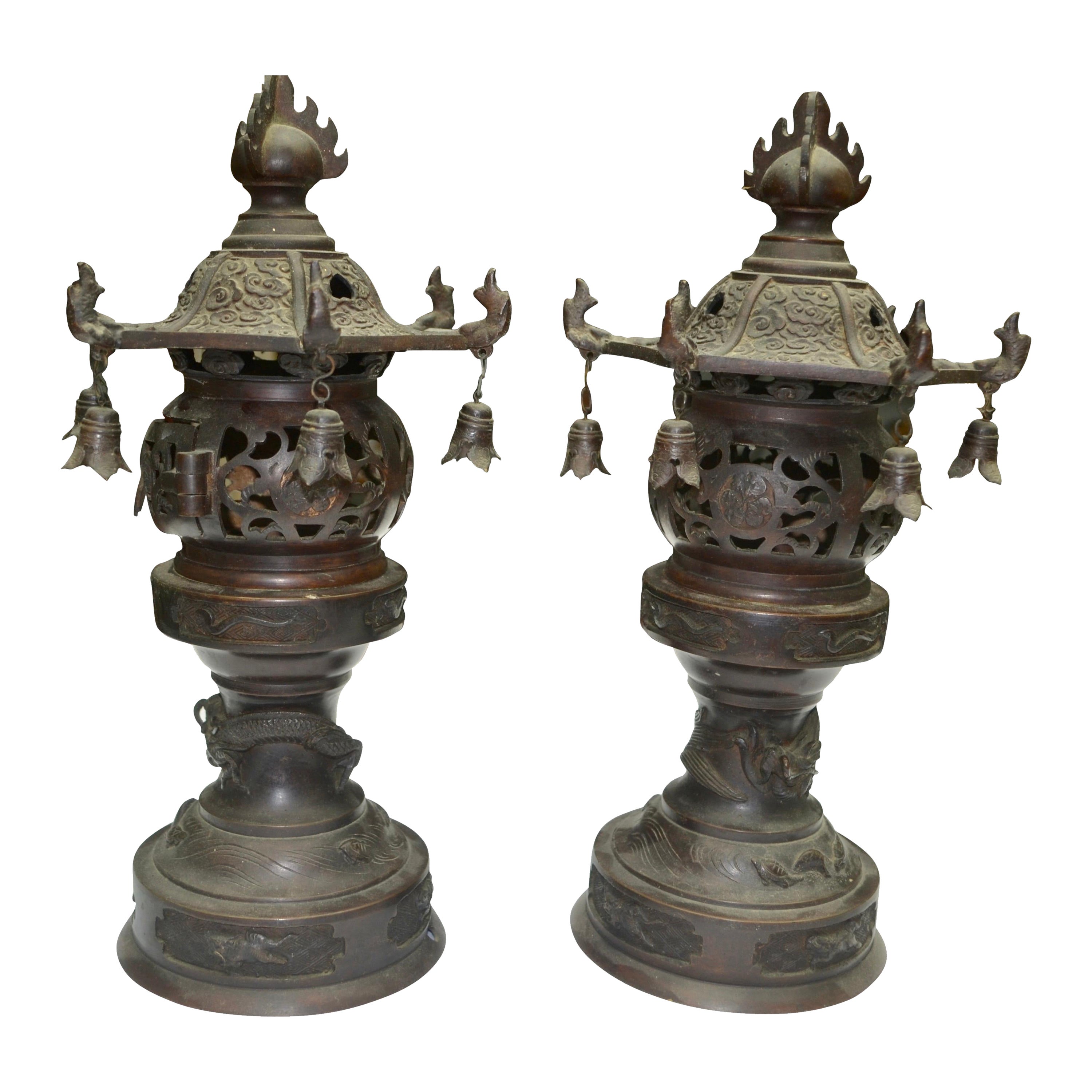 Pair of Qing Dynasty Patinated Bronze Censors/Perfume Burners