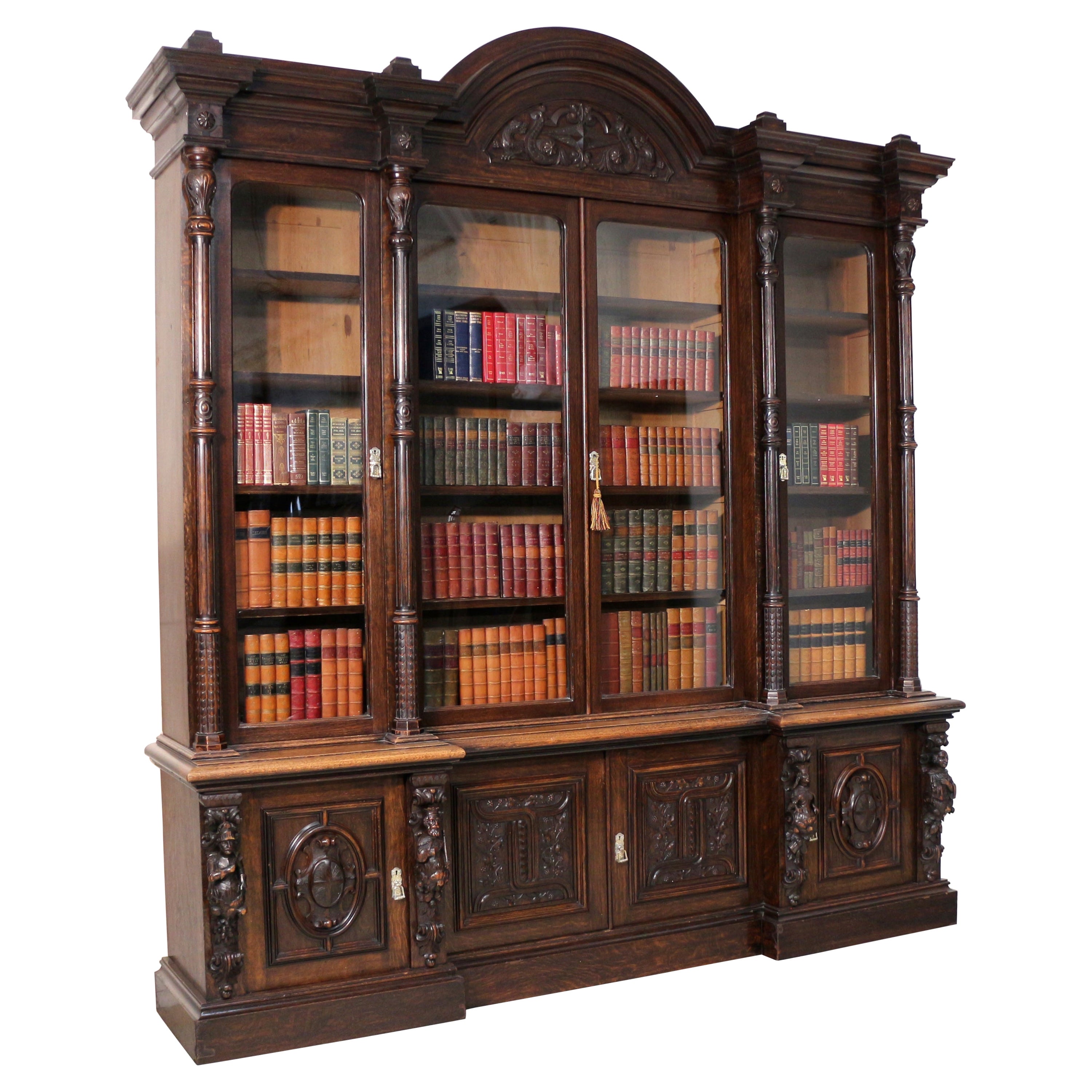 Victorian Carved Oak Elizabethan Revival Breakfront Bookcase by Wylie & Lochhead