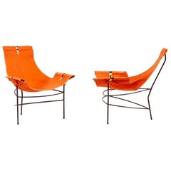 Retro Pair of 2 Lounge Chairs by Jerry Johnson in Orange Canvas, USA, 1950s