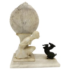 Hand Carved Art Deco Nude Flapper Girl Alabatser Table Lamp w/ Bronze Gazelle