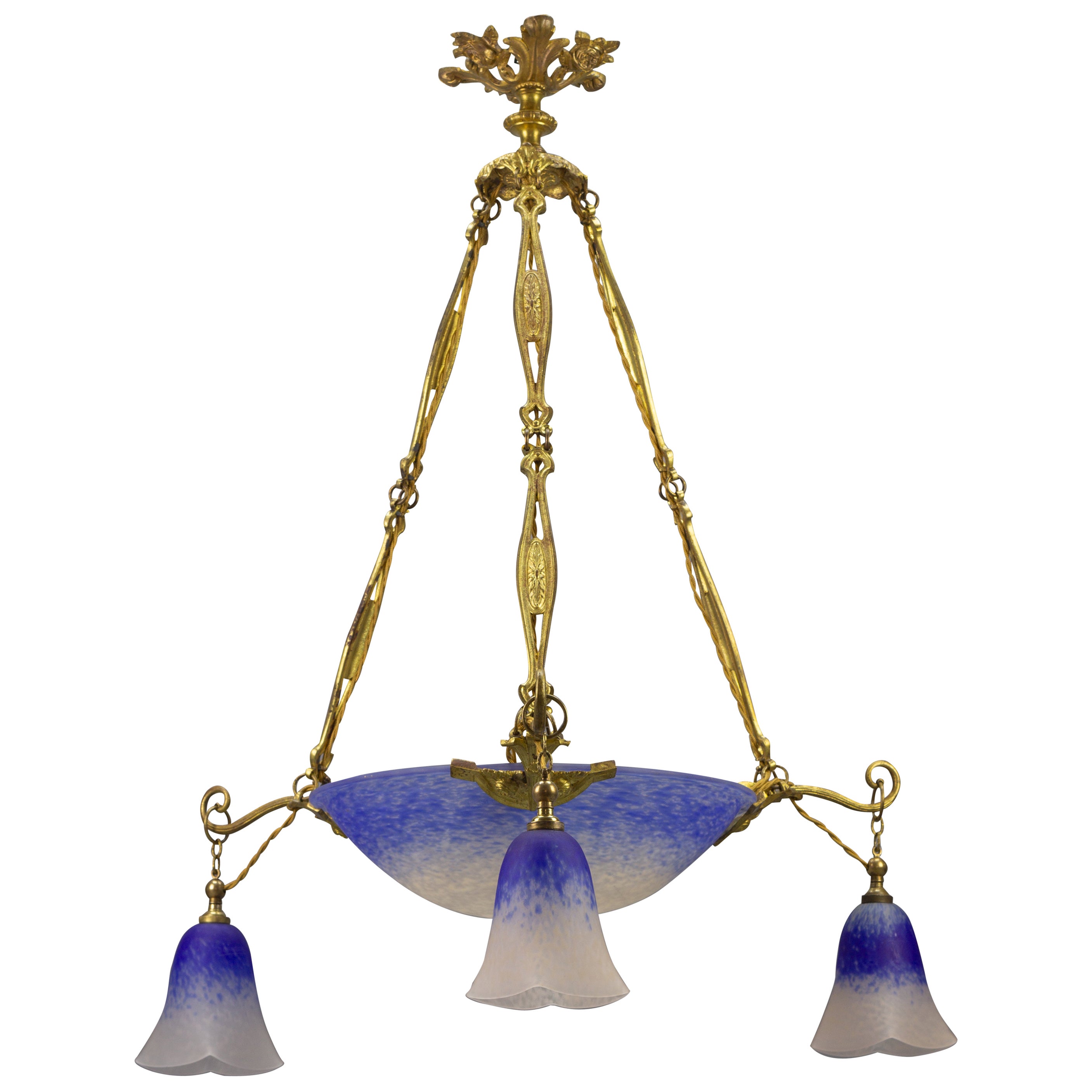 Art Nouveau Pate de Verre Glass Six-Light Chandelier by Charles Schneider, 1920s