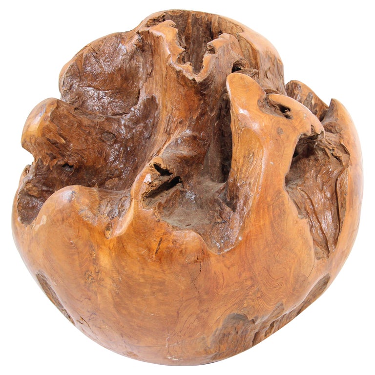 Large Teak Wood Root Hand-Carved Organic Sculpture Sphere For Sale