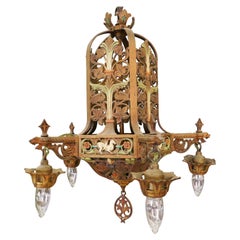 1920's Ornate Art Deco Polychrome Cold Painted Hanging Chandelier Light Fixture