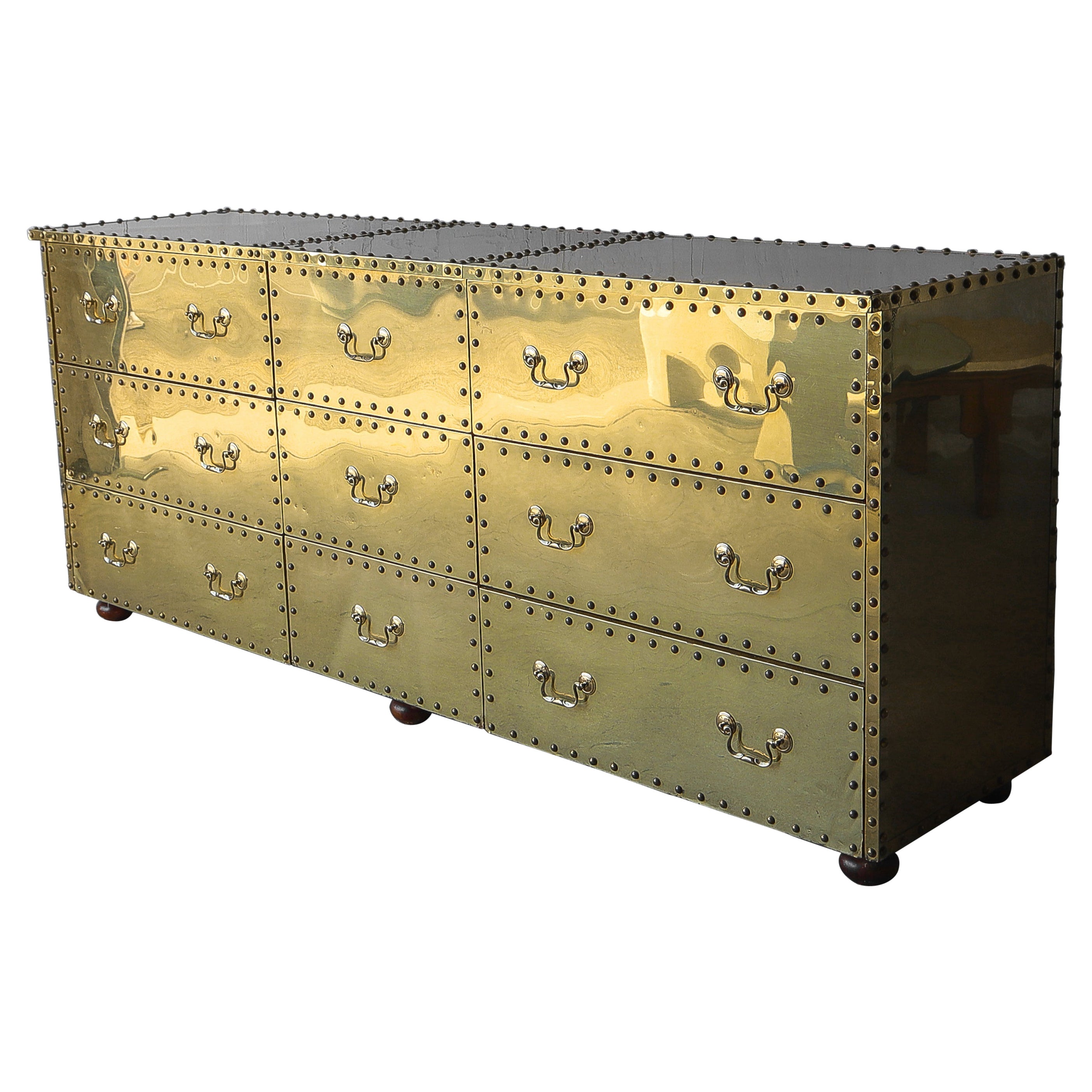 Vintage Brass Clad Nine-Drawer Dresser by Sarreid