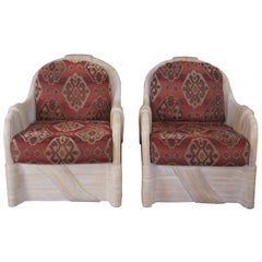 2 Sculptural Split Reed Rattan Southwestern Club Arm Lounge Chairs Boho Chic