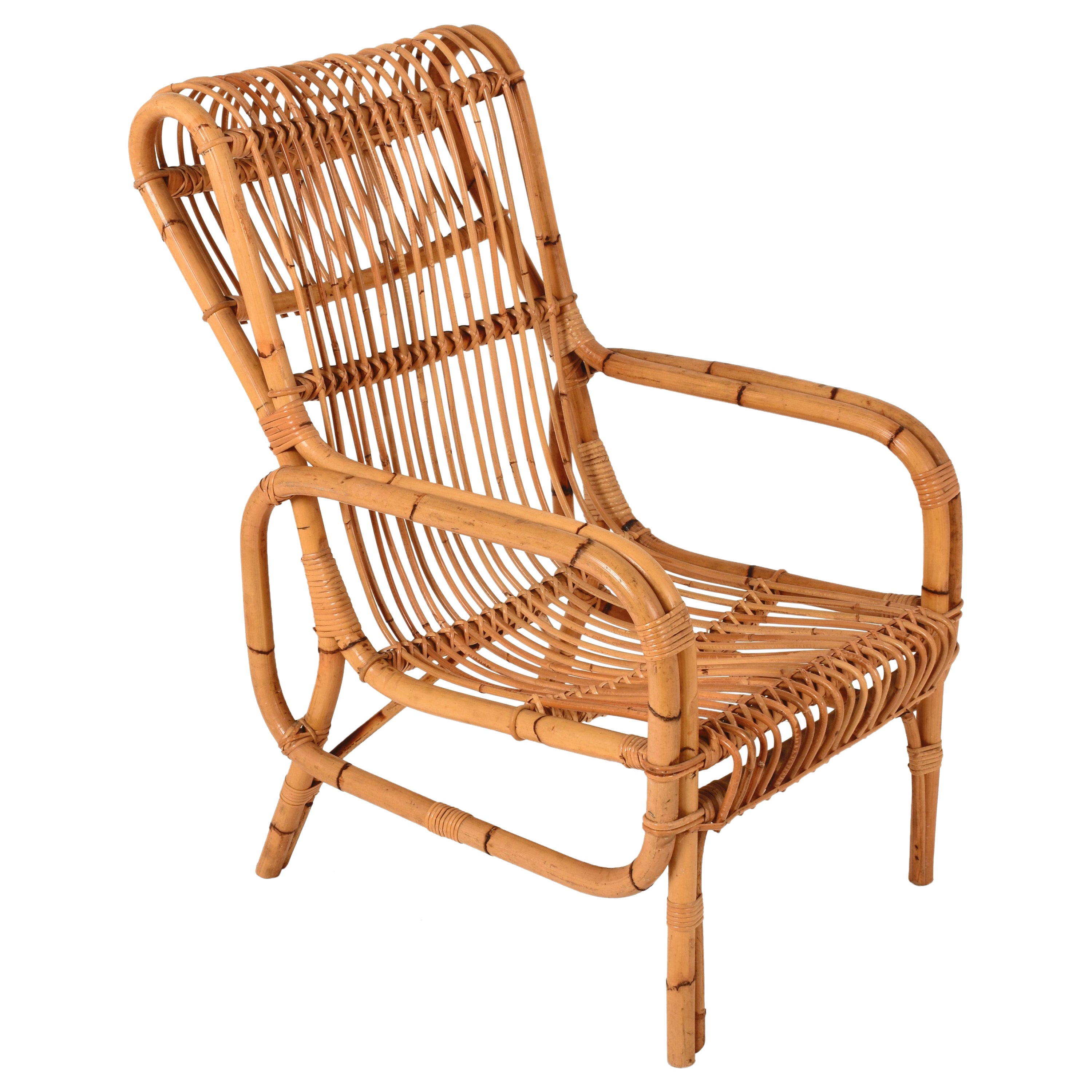 Midcentury French Riviera Rattan and Bamboo Italian Armchair, 1960s