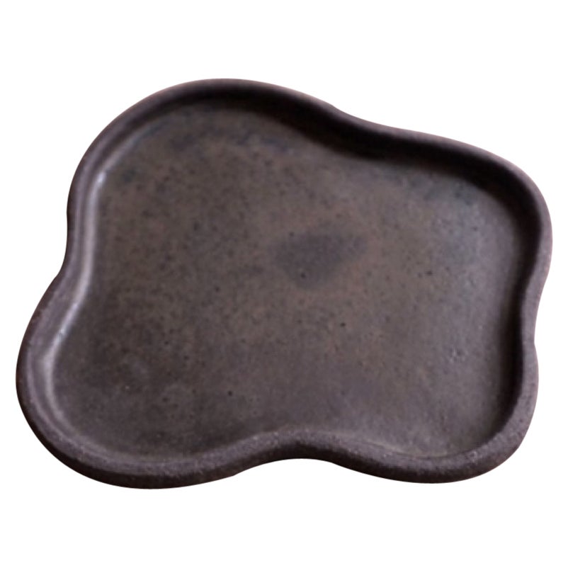 Free Form Puddle Plate in Black Truffle Clay with Matte Midnight Blue Glaze
