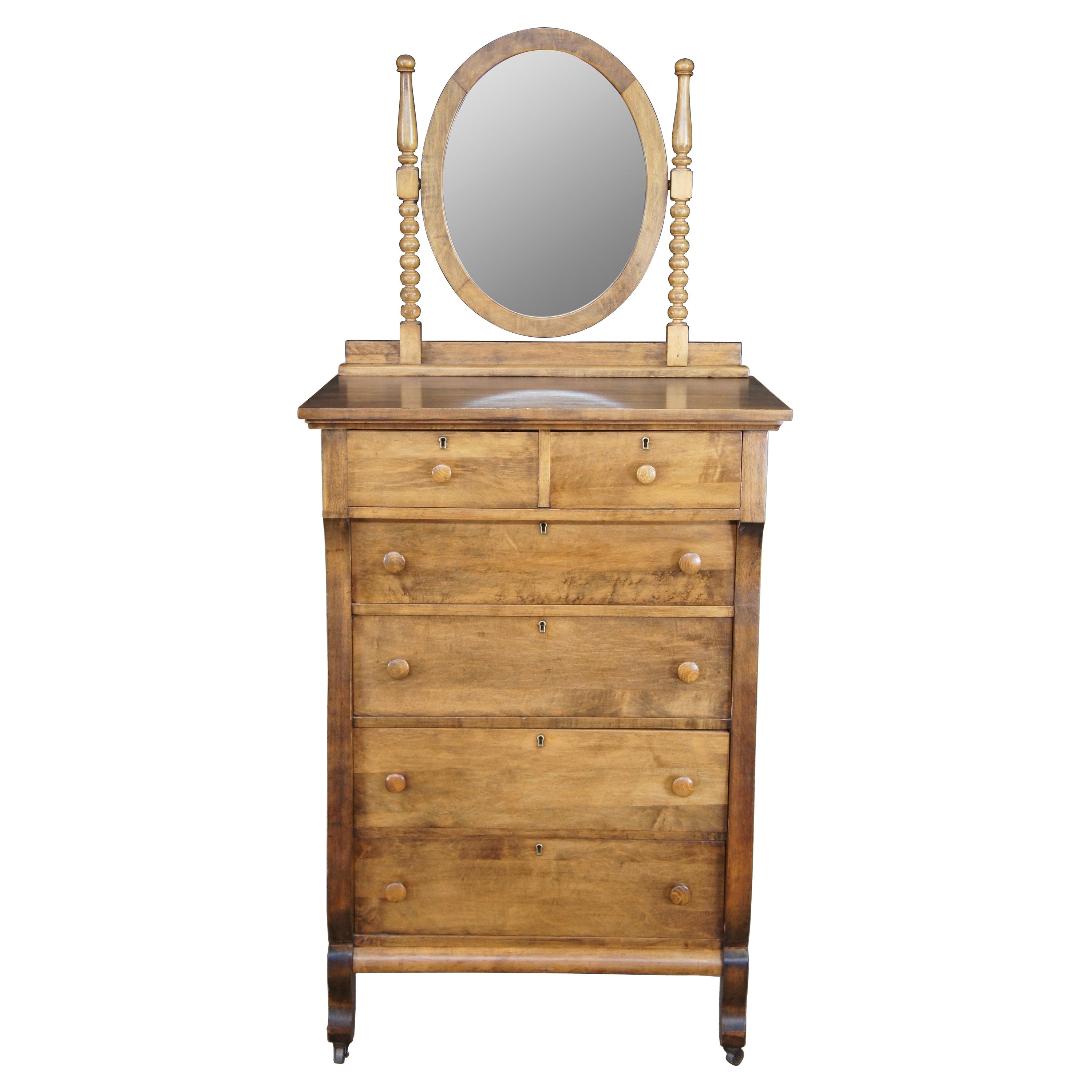 Antique Crescent Furniture Mirrored Oak Tallboy Vanity Dresser Chest of Drawers