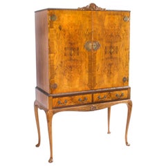 Used Burr Walnut Queen Anne Cocktail Cabinet Drinks Dry Bar Early 20th C