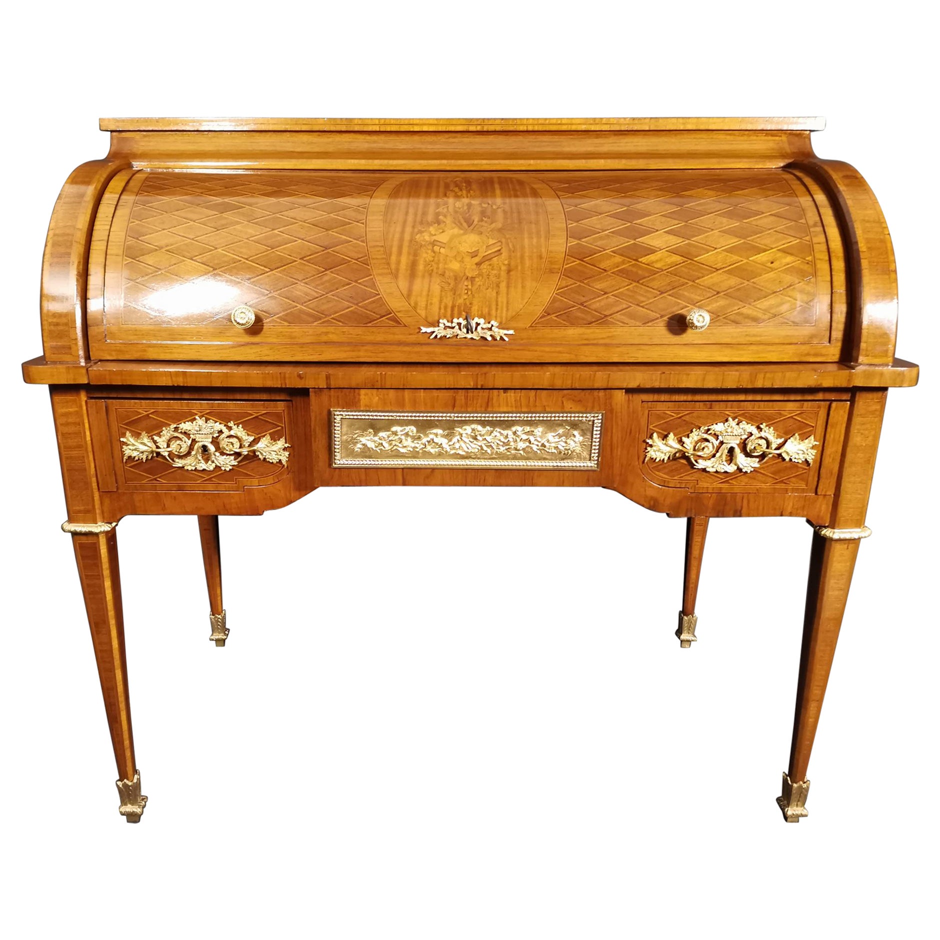 19th Century French Cylinder Desk in Louis XVI Style Marquetry
