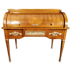 Bureau cylindrique français du 19ème siècle en marqueterie de style Louis XVI