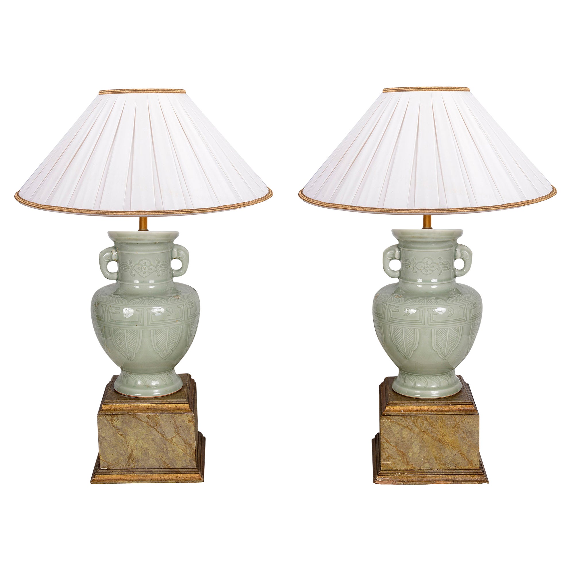 Pair Chinese Celadon Porcelain Vases / Lamps, circa 1900