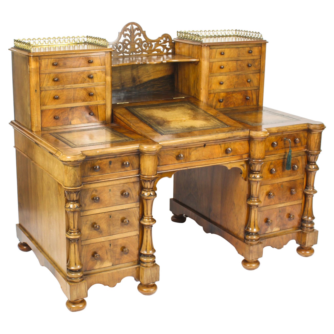 Antique Victorian Burr Walnut Dickens Pedestal Desk 19th Century For Sale