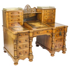 Antique Victorian Burr Walnut Dickens Pedestal Desk 19th Century