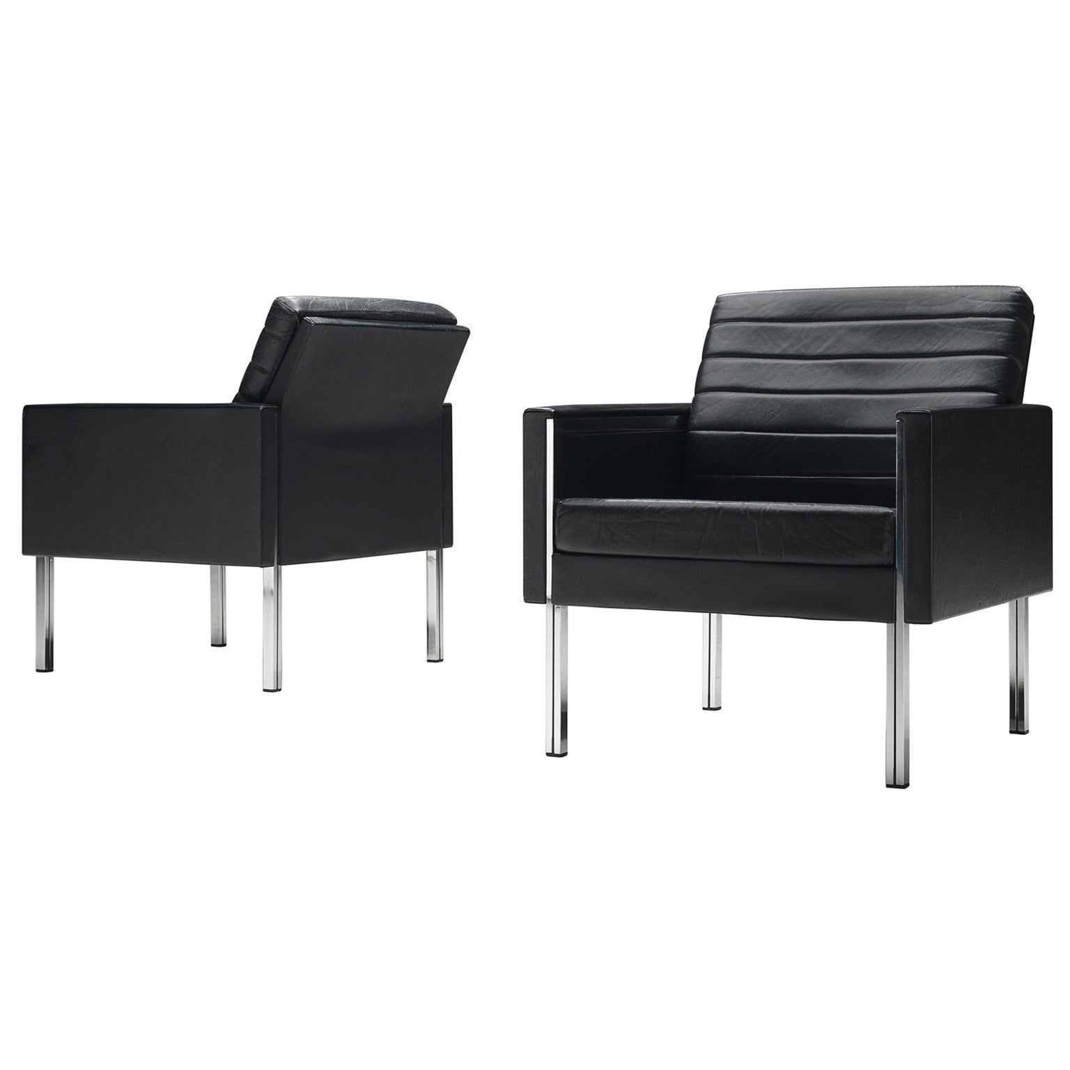 Pair of Armchairs in Black Leather and Steel