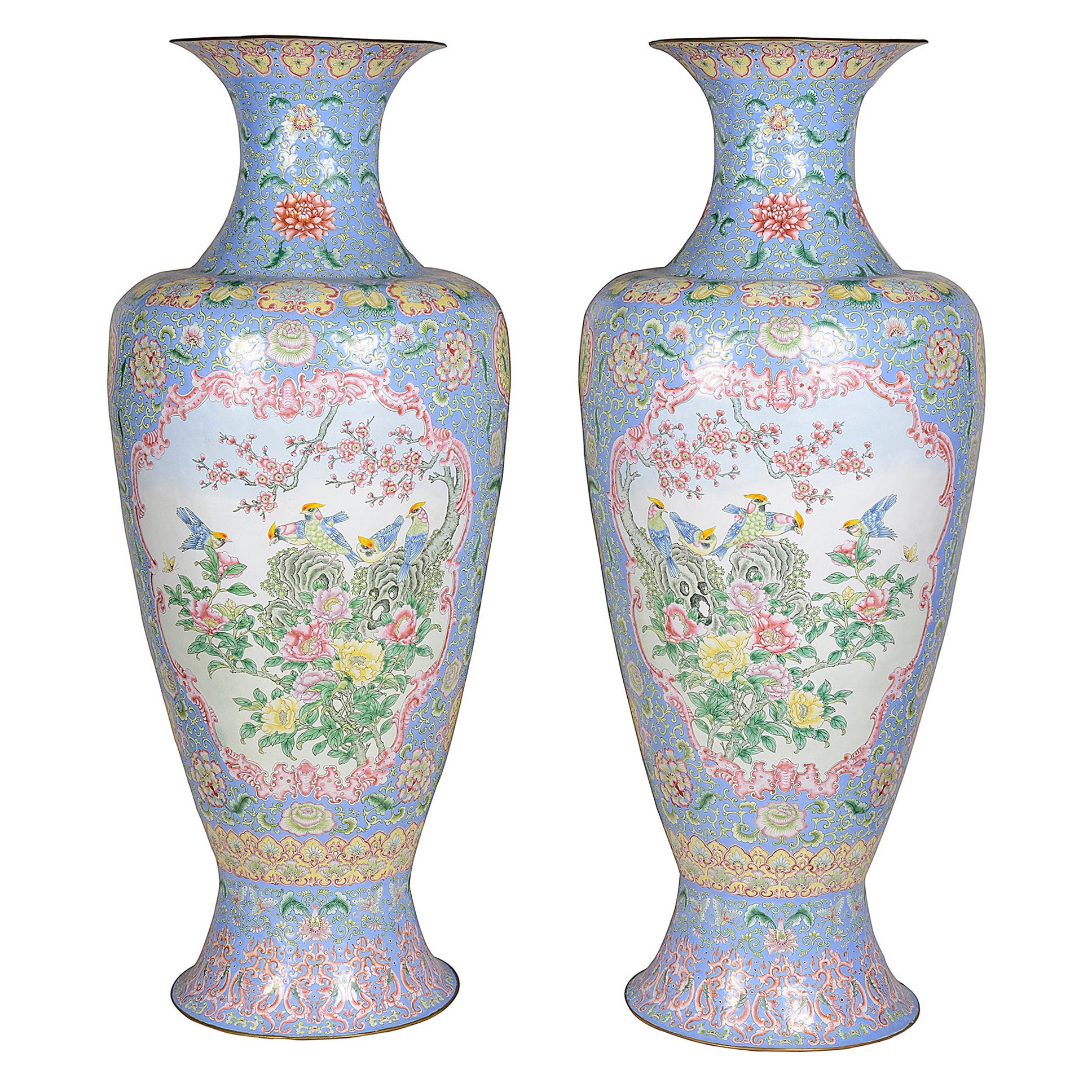 Large Pair Canton Enamel Vases, circa 1900 For Sale