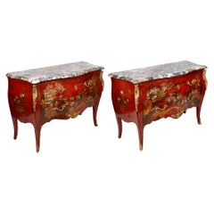 Pair Red Chinoiserie Lacquer Marble Top Commodes