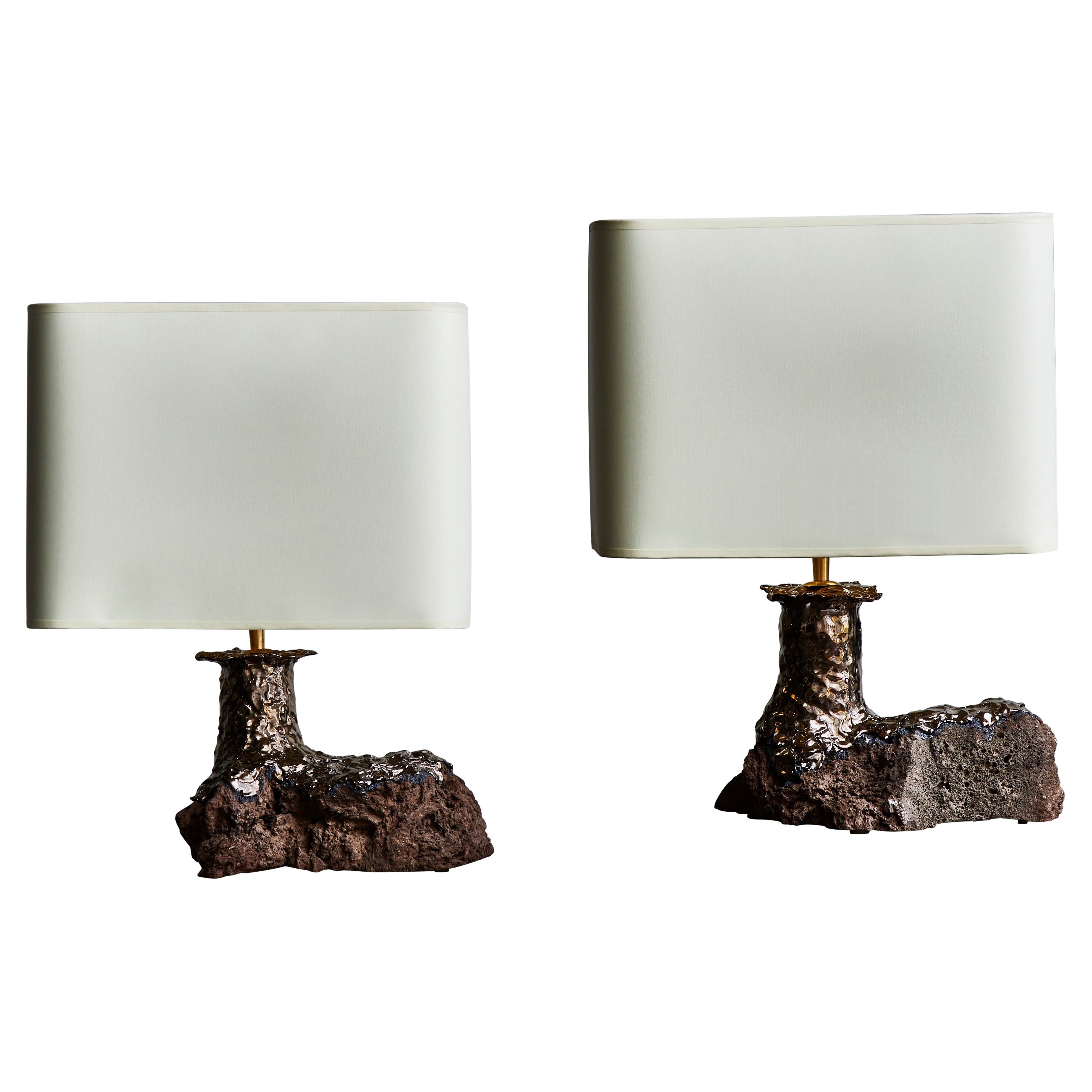 Pair of Lava Stone and Ceramic Table Lamps by Leo Nataf For Sale at 1stDibs