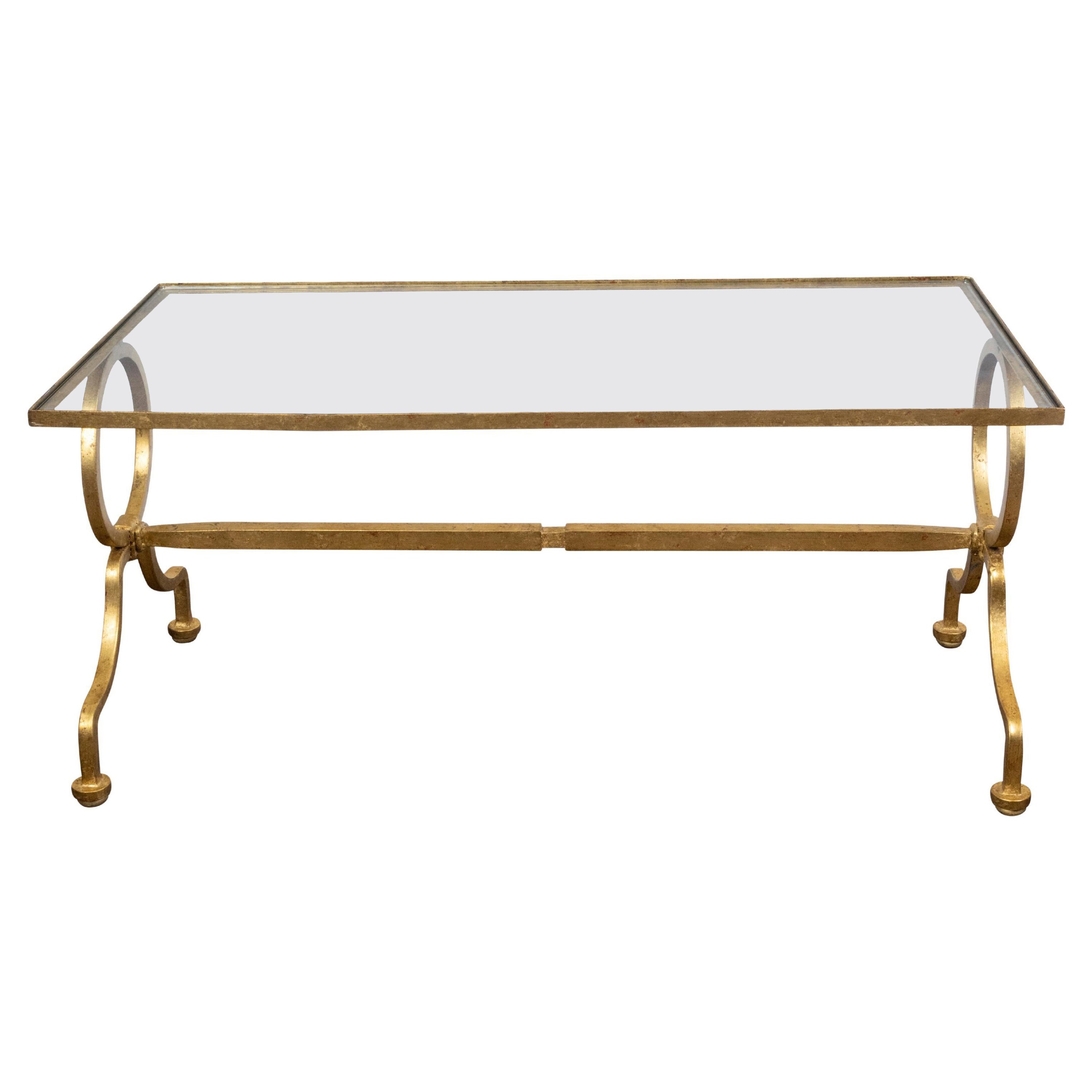 Italian Midcentury Gilt Iron Coffee Table with Glass Top and Large Rings For Sale