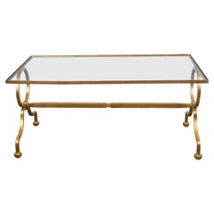 Italian Midcentury Gilt Iron Coffee Table with Glass Top and Large Rings