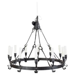 Antique Spanish Colonial 1900s 12-Light Iron Chandelier with Ring and Dark Patina