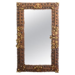 Antique French 1900s Tramp Art Mirror with Carved Gilt Pinecones and Dark Walnuts
