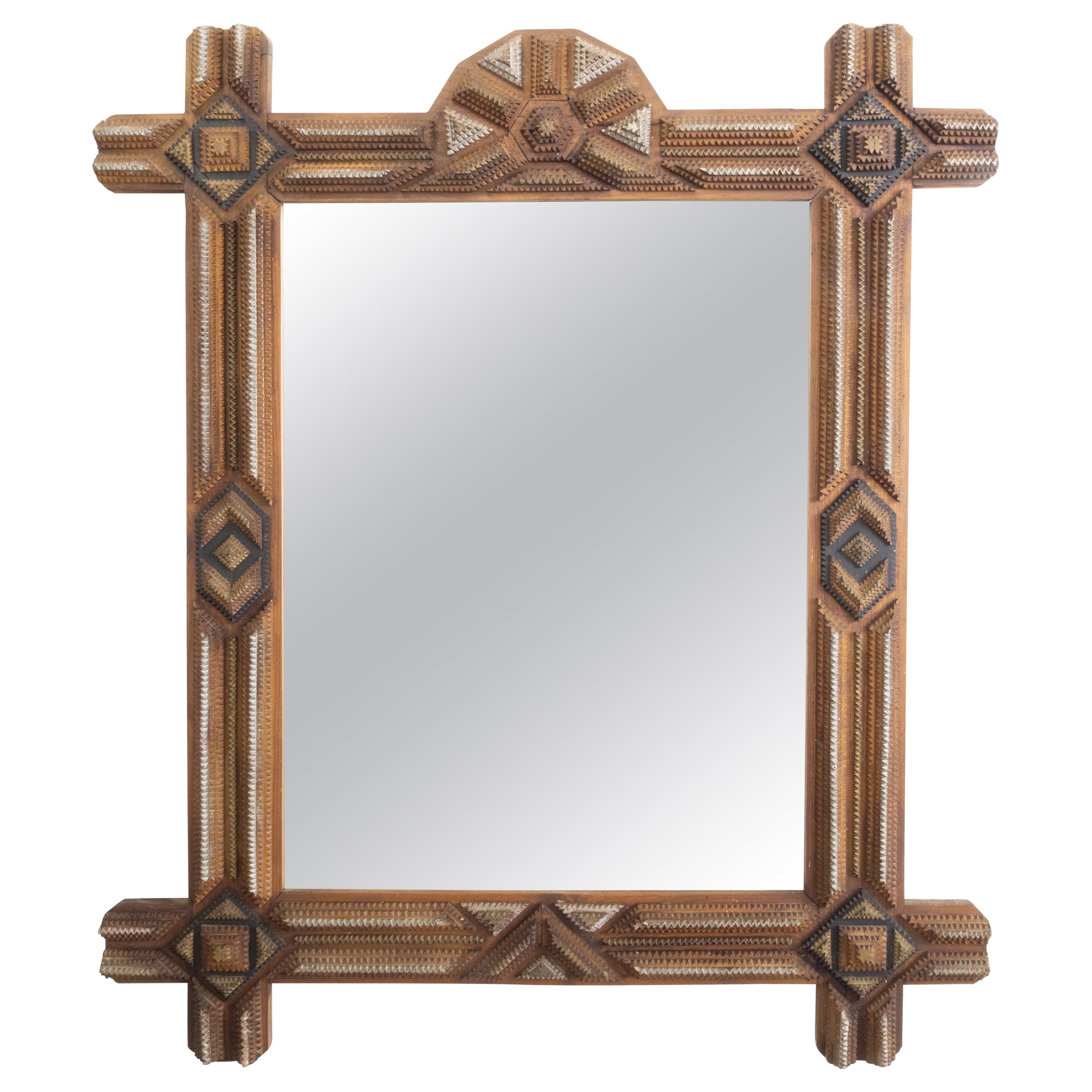 French 1900s Carved Tramp Art Mirror with Geometric Motifs and Painted Accents