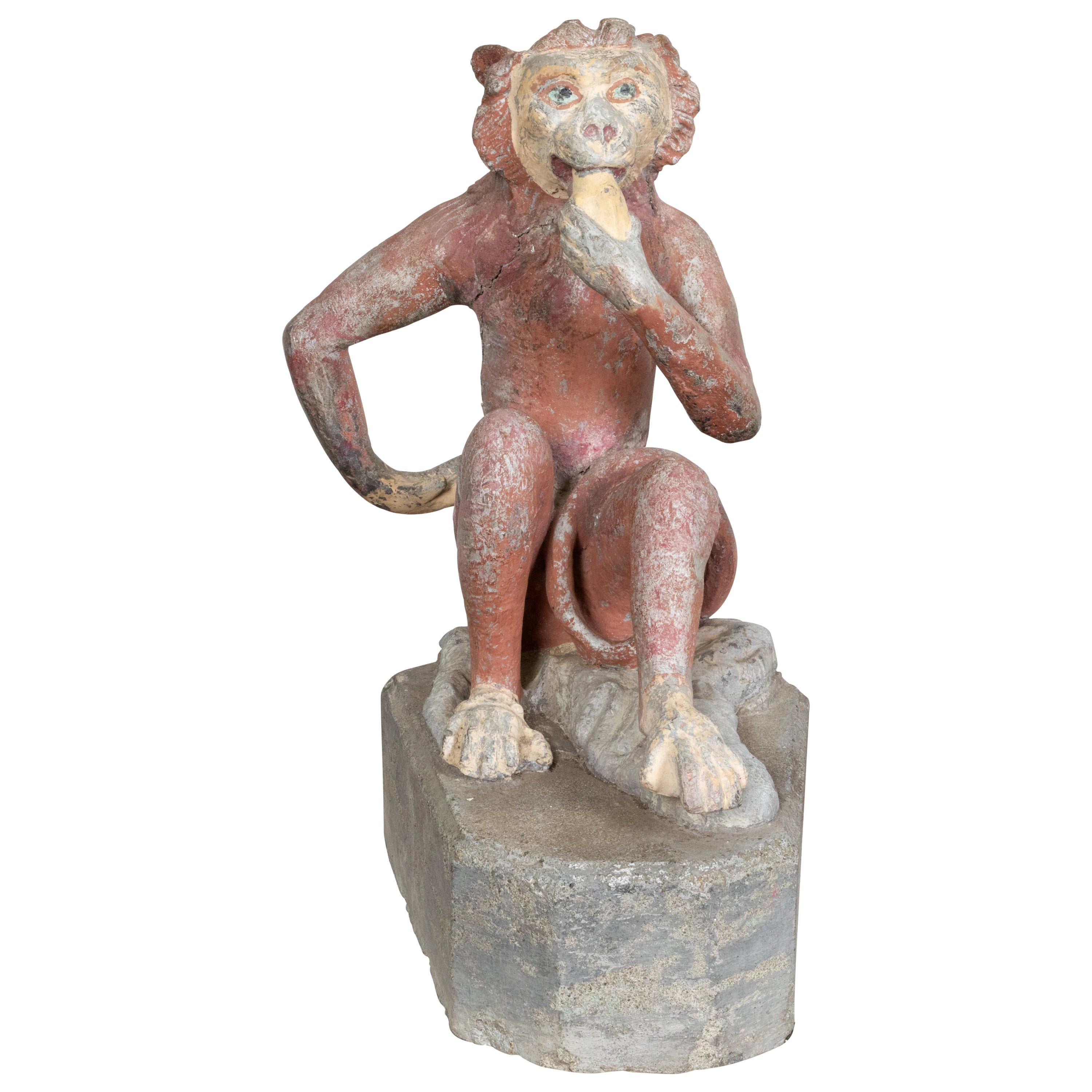 French Midcentury Lead Sculpture of a Monkey Eating a Banana with Aged Patina For Sale