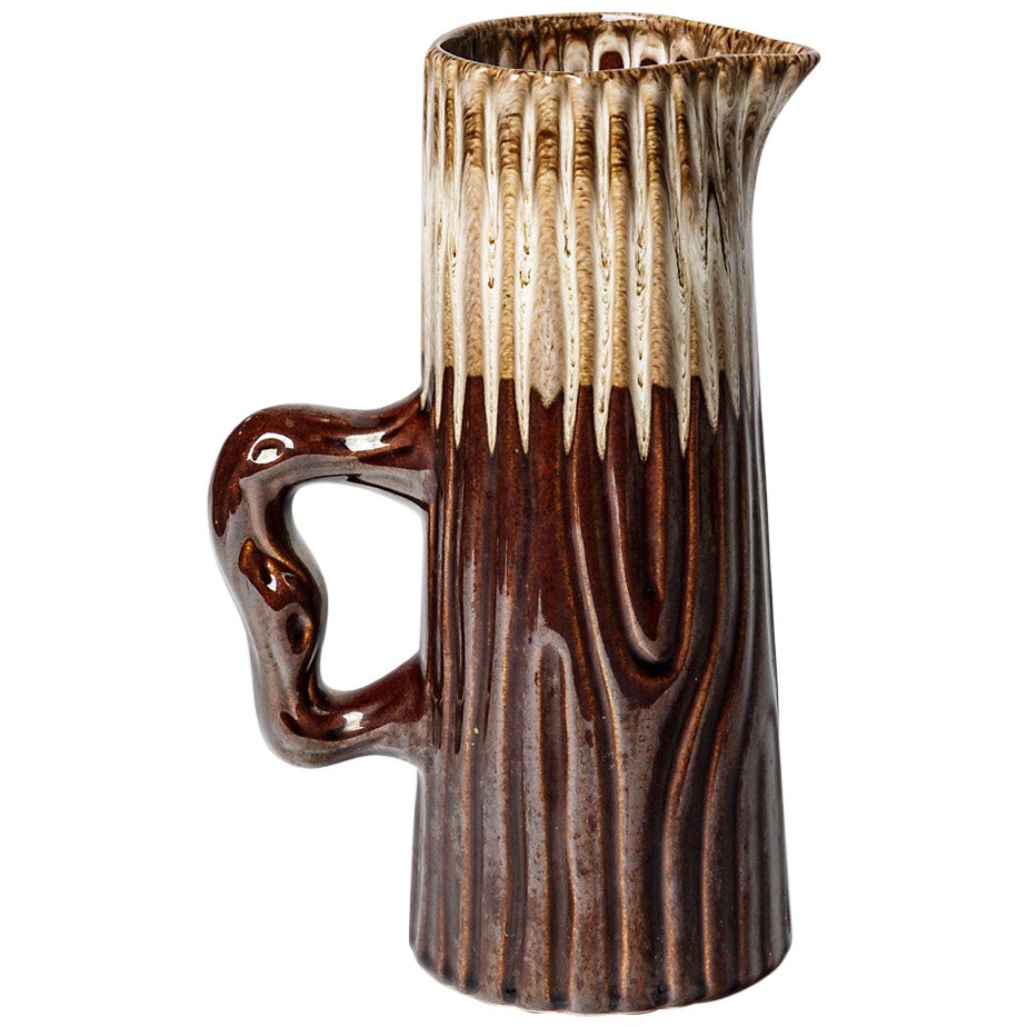 20th Century Design Imiation Wood Ceramic Pitcher Brown and White circa 1970