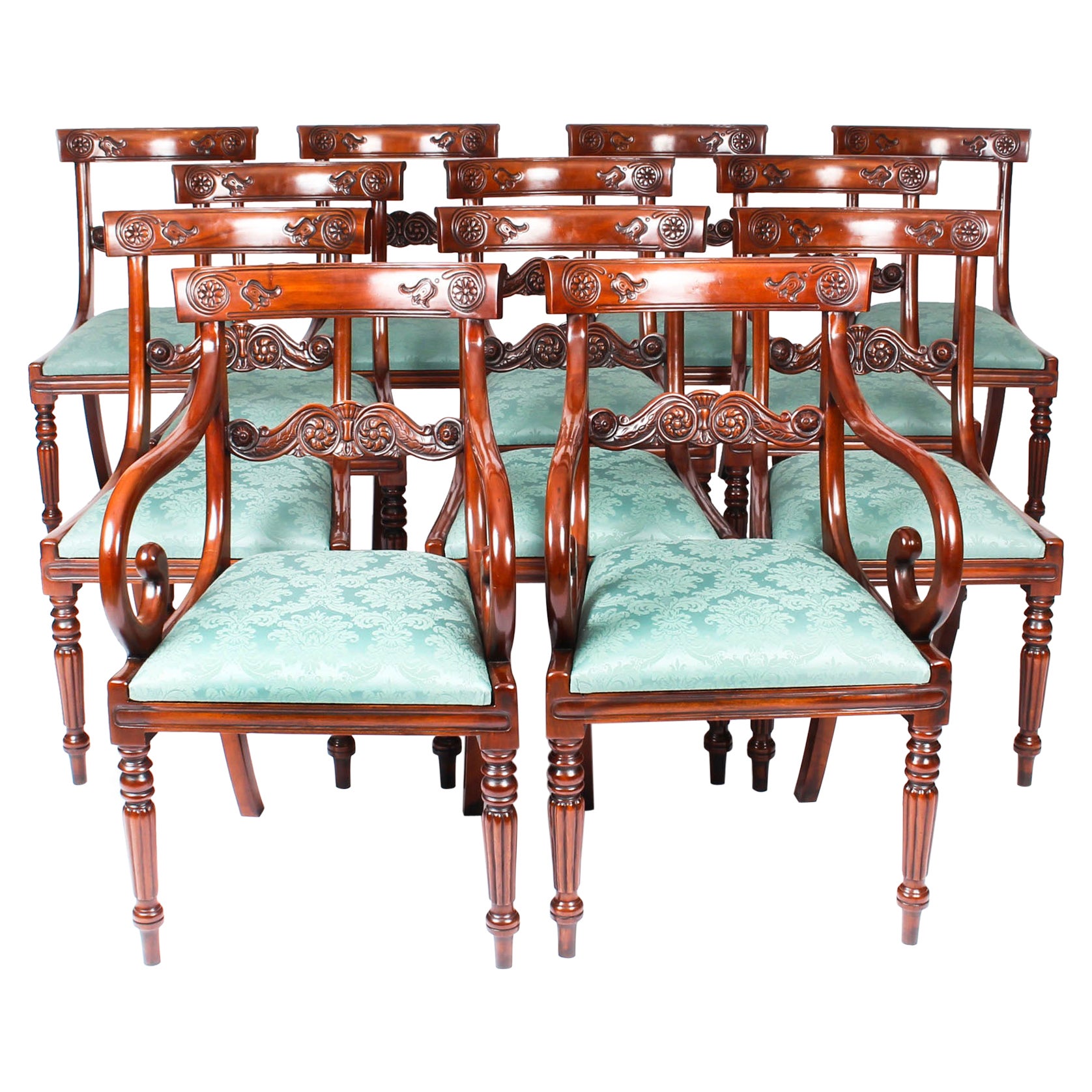 Vintage Set 14 Mahogany Regency Revival Bar Back Dining Chairs 20th C