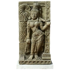 Antique Saraswati Hindu Goddess Sandstone Statue