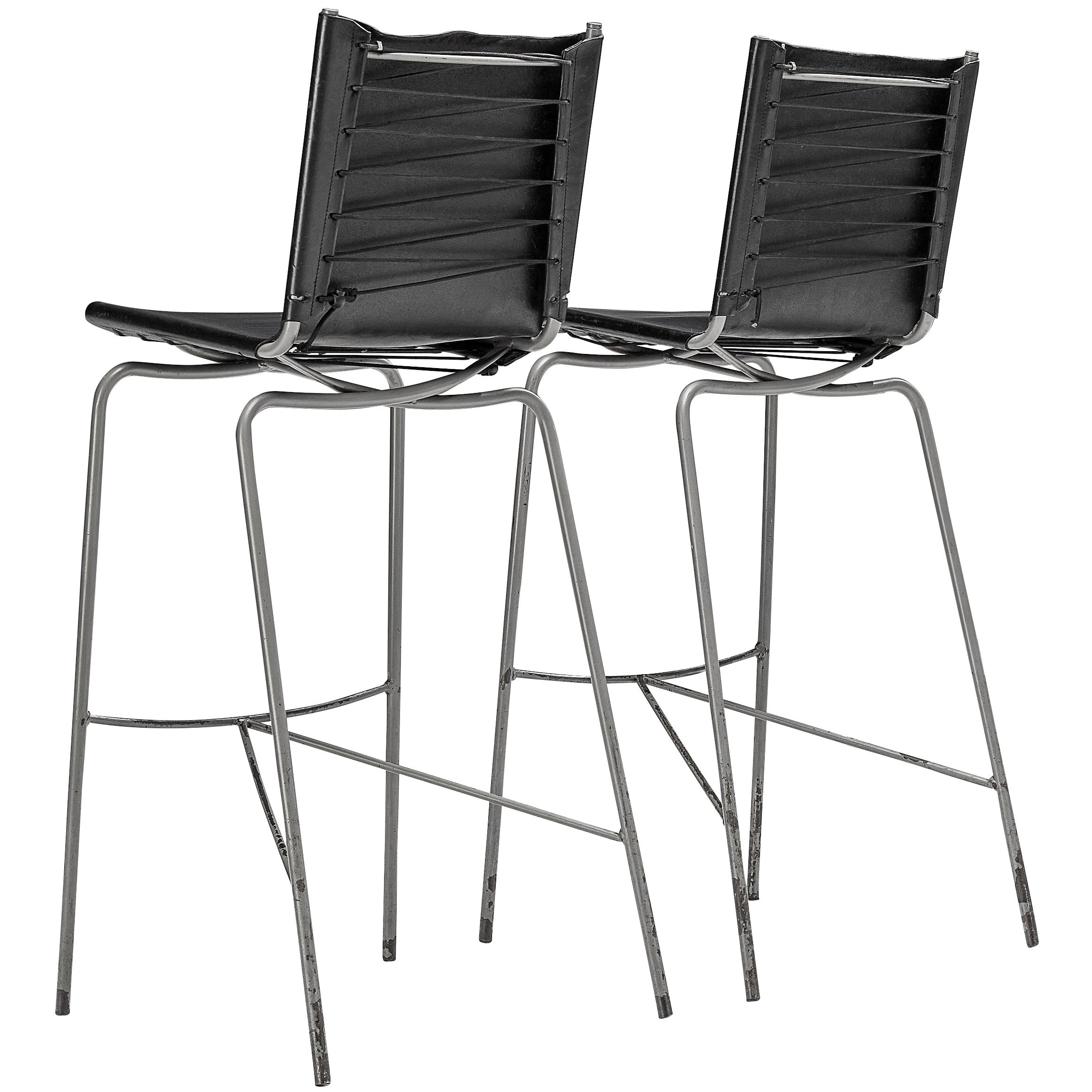 Fabiaan Van Severen Set of Two Bar Stools in Patinated Black Leather For Sale