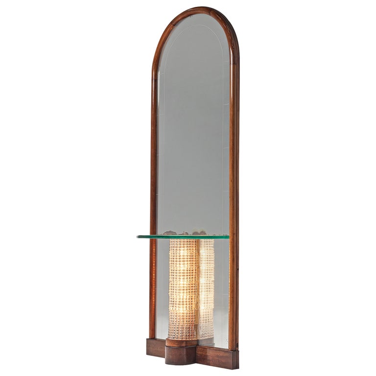 Italian Art Deco Mirror with Illuminated Console in Glass For Sale