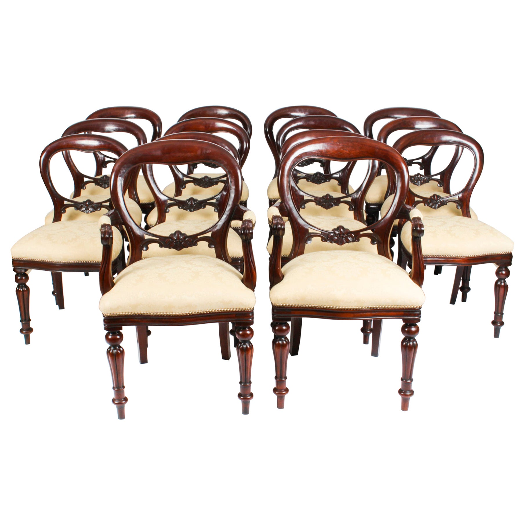 Vintage Set 14 Victorian Revival Balloon Back Dining Chairs 20th C