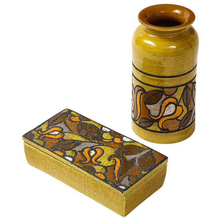 Aldo Londi Bitossi Ochre Glazed Box, Vase Set For Sale