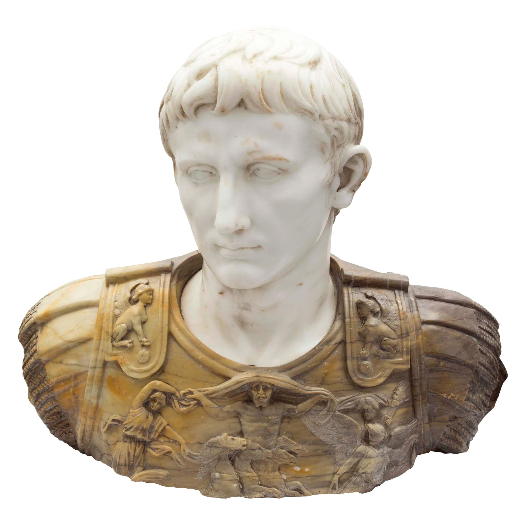 Italian Early 19th Century Carrara Marble and Siena Marble Bust of Augustus