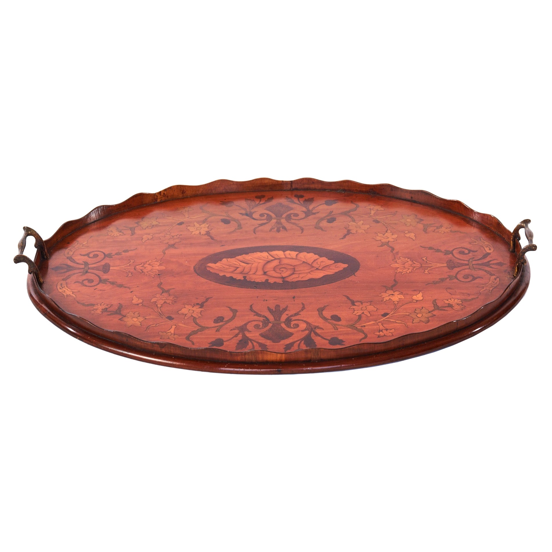 Antique Sheraton Revival Oval Satinwood Inlaid Serving Tray For Sale