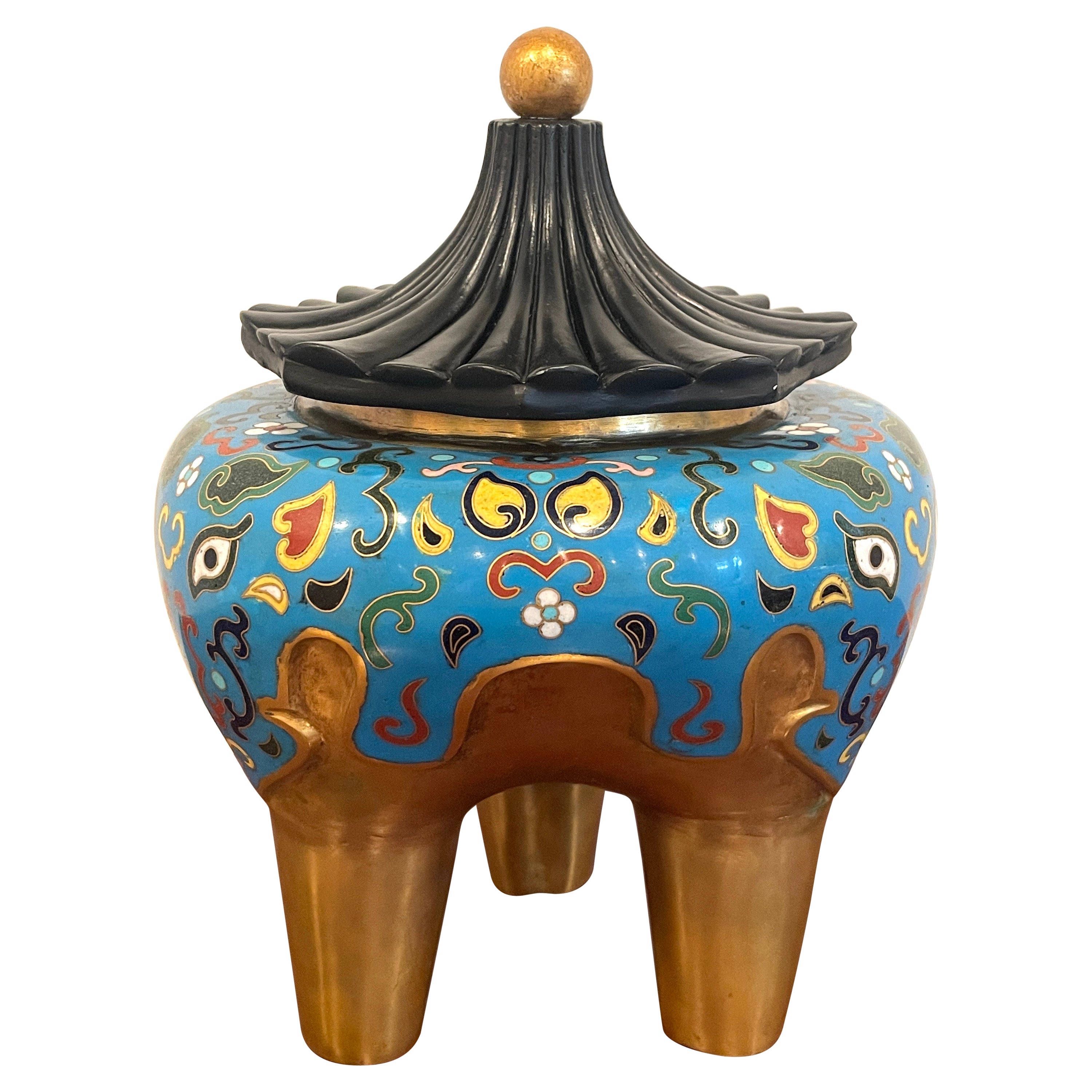 Encensoir de style archaïque chinois du 19e siècle en cloisonné et laque à motif d'éléphant