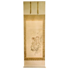 Antique Japanese Silk Scroll Painting of Moneys Edo Period Mori Tetsuzan