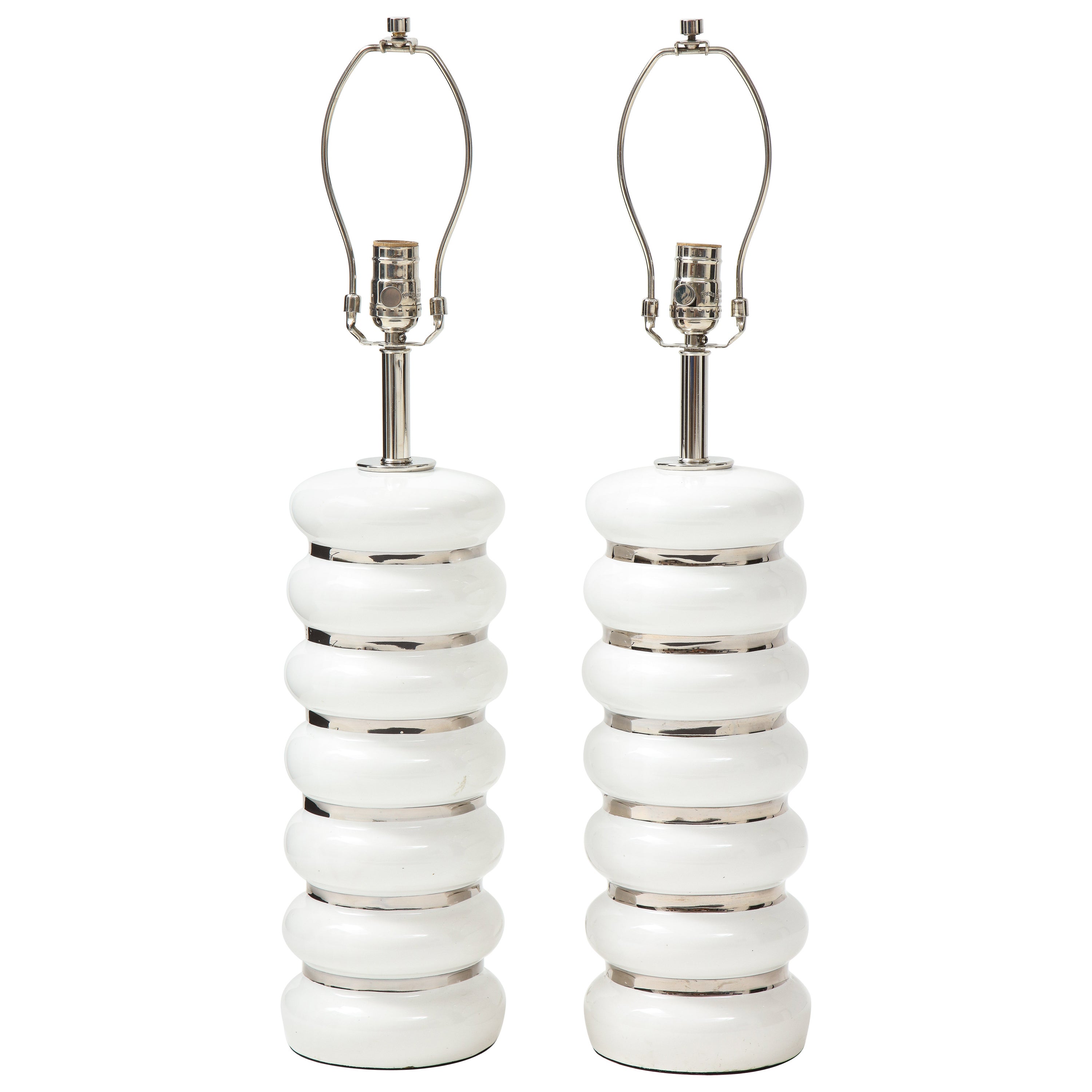 French Mid Century White Porcelain, Platinum Lamps