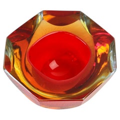 Faceted Red, Orange and Clear Diamond Cut Murano Sommerso Glass Bowl or Ashtray