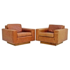 Used Harvey Probber Distressed Cognac Leather Lounge Chairs, a Pair